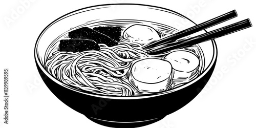 A bowl of ramen noodles resting in broth with assorted toppings, Illustration