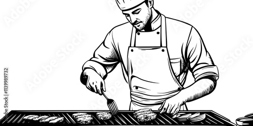 A chef turning food on a grill for even cooking, Illustration