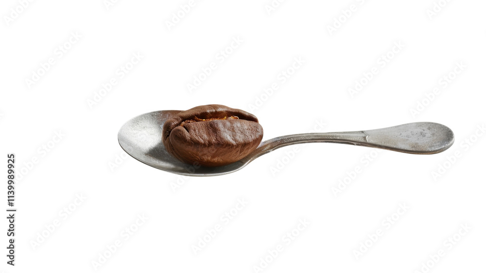 Silver spoon cradling a rich espresso bean against a vibrant yellow backdrop Silver spoon cradling a rich espresso bean against a vibrant yellow backdrop