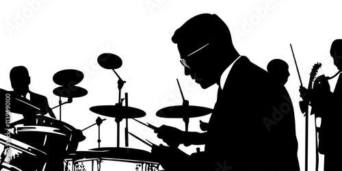 A drummer improvising a solo during a jam session with other musicians, Illustration