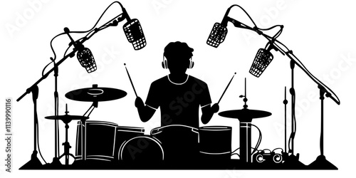 Drummer recording beats in a professional studio with microphones, Illustration