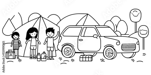 A family arranging camping supplies beside a parked car at a designated campsite, Illustration