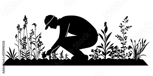 Gardener planting perennials along the edges of a garden bed in the backyard, Illustration