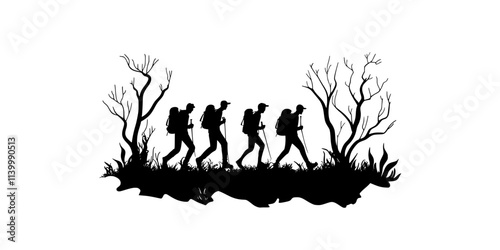 A group of friends trekking through a dense wilderness with no clear path visible, Illustration