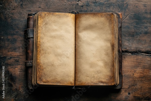 An antique, leather-bound book lies open, revealing aged, yellowed pages on a dark wooden surface.