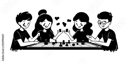 A group of people placing game pieces on the board as they explain rules to one another, Illustration