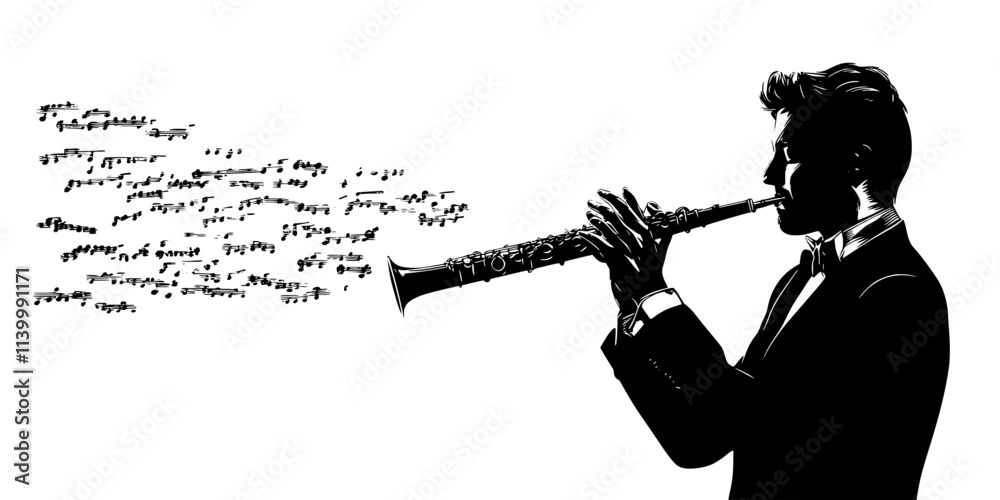 Naklejka premium A musician playing an oboe in a symphony orchestra during a live performance, Illustration