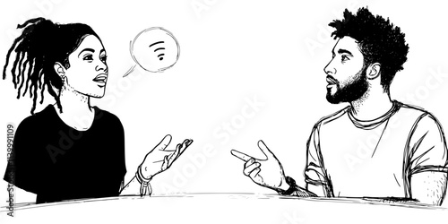 A language learner and a native speaker discussing vocabulary during an exchange, Illustration