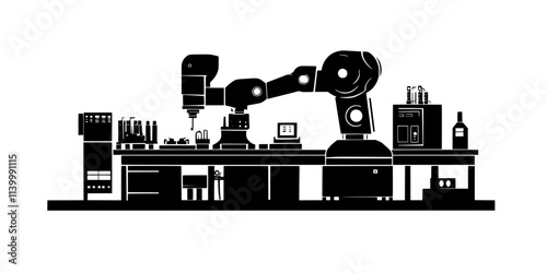 A large industrial robot operating machinery in an automated assembly line, Illustration