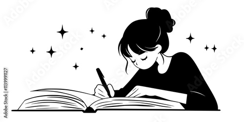 A learner completing a grammar exercise by writing in a language workbook, Illustration