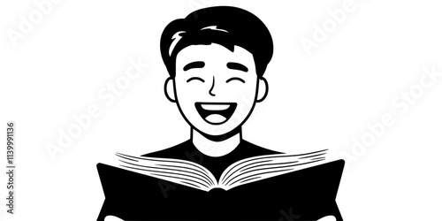 A learner reading short sentences aloud from a language workbook, Illustration