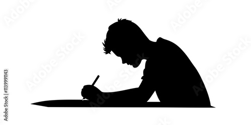 Learner writing vocabulary words from a language lesson on paper, handwriting in progress, Illustration