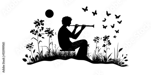 A musician playing a flute solo during an outdoor concert on a summer day, Illustration