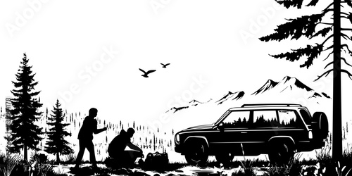 A pair of campers organizing their gear next to a vehicle near a forest, Illustration