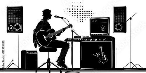 A musician recording guitar tracks in a soundproof studio with professional equipment, Illustration