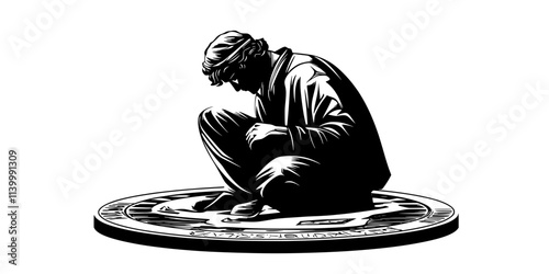 Person carefully examining the detailed engravings on a gold coin, Illustration