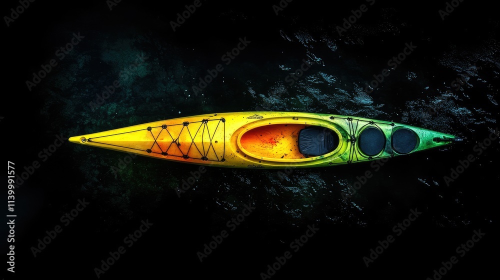 Top-down shot of a bright kayak in the middle of a dark, deep sea, with subtle reflections on the water's surface. Top-down shot of a bright kayak in the middle of a dark, deep sea, with subtle reflections on the water's surface.