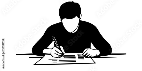 Person completing grammar drills for a language class assignment, filling out workbook, Illustration