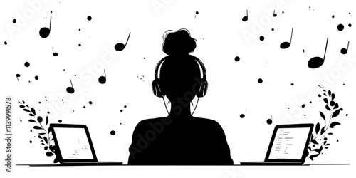 A person concentrating on foreign language audio clips during practice, Illustration