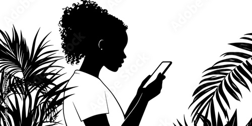 A person interacting with vocabulary practice on a phone screen, Illustration