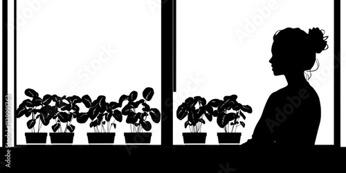 Person monitoring plant growth in a hydroponic system on a windowsill, Illustration