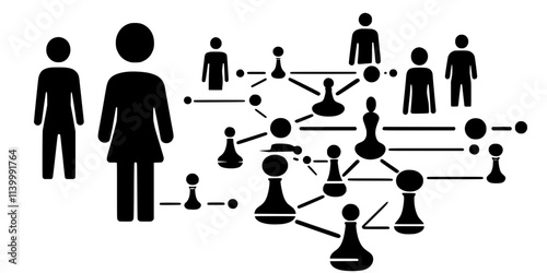 A person moving a game piece across a board as others observe potential strategies, Illustration