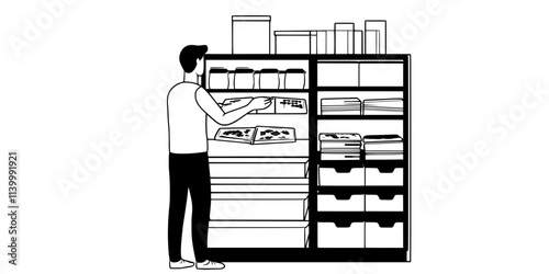 Person organizing various board games into a storage cabinet, Illustration