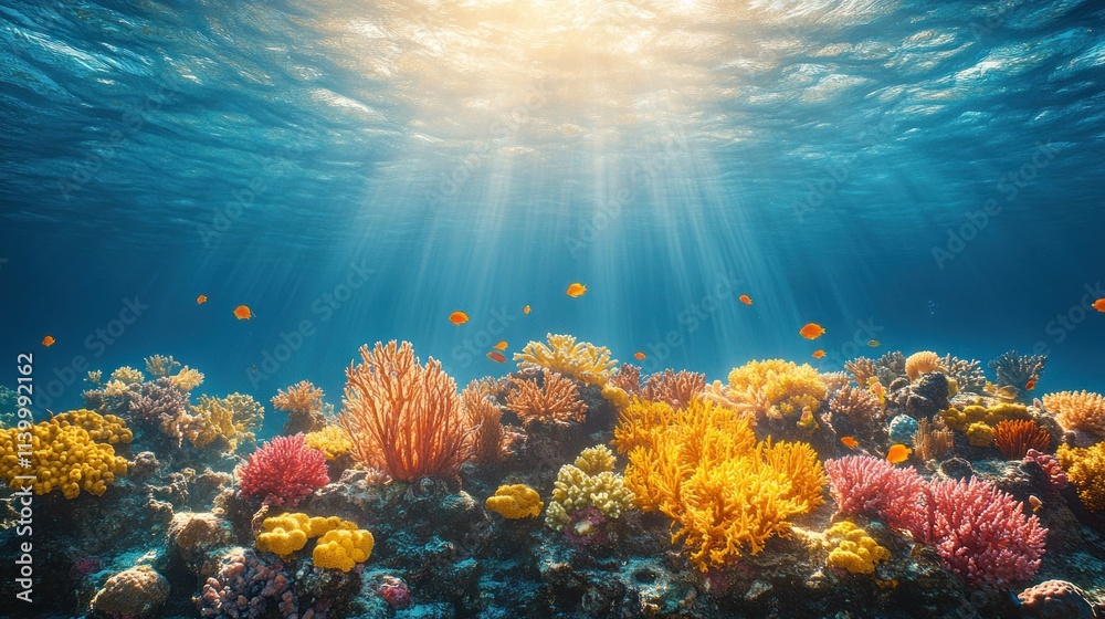 Fototapeta premium Vibrant coral reef underwater scene with sunlight rays penetrating the water.