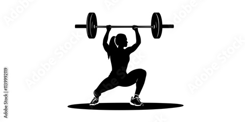 Person practicing thrusters, squatting with a barbell and pressing it overhead, Illustration
