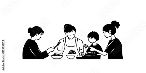 Person preparing food with host family during homestay, collaborative cooking experience, Illustration