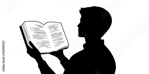 A person reading a dialogue in a language learning textbook, Illustration