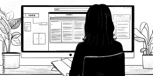 A person reading an article in a foreign language on their computer screen, Illustration