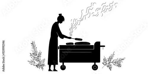A person removing smoked food from a smoker after hours of cooking, Illustration