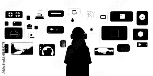 A person selecting character abilities while exploring a virtual setting, Illustration