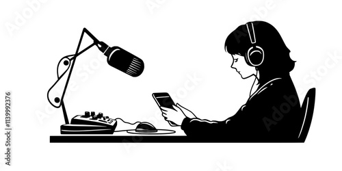 A person taking notes from a language podcast playing on their phone, Illustration