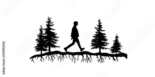Person walking along a trail in a forest with visible roots on the ground, Illustration