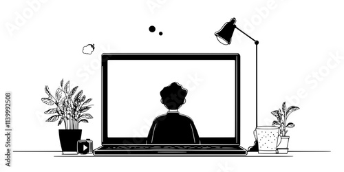 A person watching a language course video on their laptop screen, Illustration