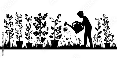 Person watering plants growing in a vertical garden installed against an outdoor wall, Illustration