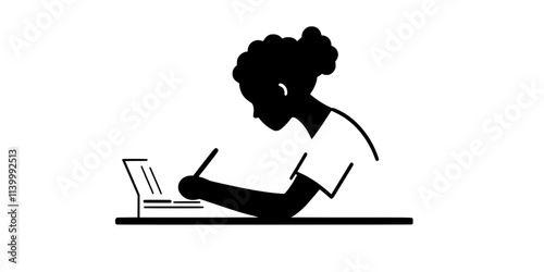 Person writing a personal letter in a foreign language during a lesson, paper and pen, Illustration