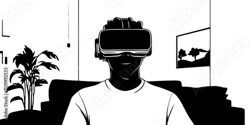 Person wearing VR headset engaged in immersive game in living room, Illustration