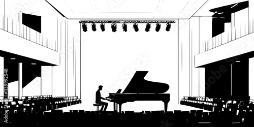 Pianist rehearsing for a performance in a spacious auditorium, Illustration