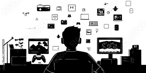 A player managing various aspects of virtual life while adjusting settings in a simulation game, Illustration