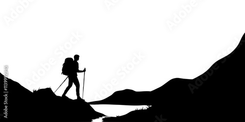A solo hiker moving through an open, remote landscape with no visible trails, Illustration
