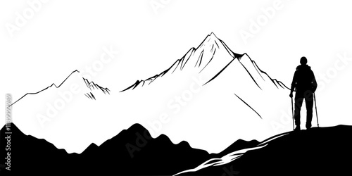 Solo hiker walking on a mountain trail with a view of distant peaks, Illustration