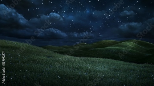 A night sky filled with stars shines over rolling green hills. 