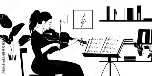 Solo violinist practicing scales in a quiet room with sheet music, Illustration