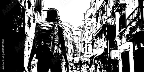 Solo hiker navigating narrow streets in a bustling downtown area, Illustration