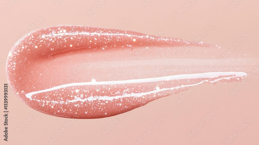 Fototapeta premium Translucent lip gloss swatch in soft pink, highlighted by delicate sparkles on a neutral backdrop.