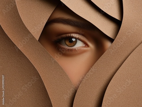 Close-Up Portrait Featuring Female Eye Surrounded by Artistic Paper Textures, Color 2025, copy space photo