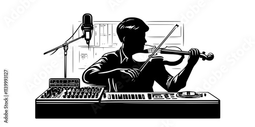 Violinist recording tracks in a studio for a collaborative music project, Illustration